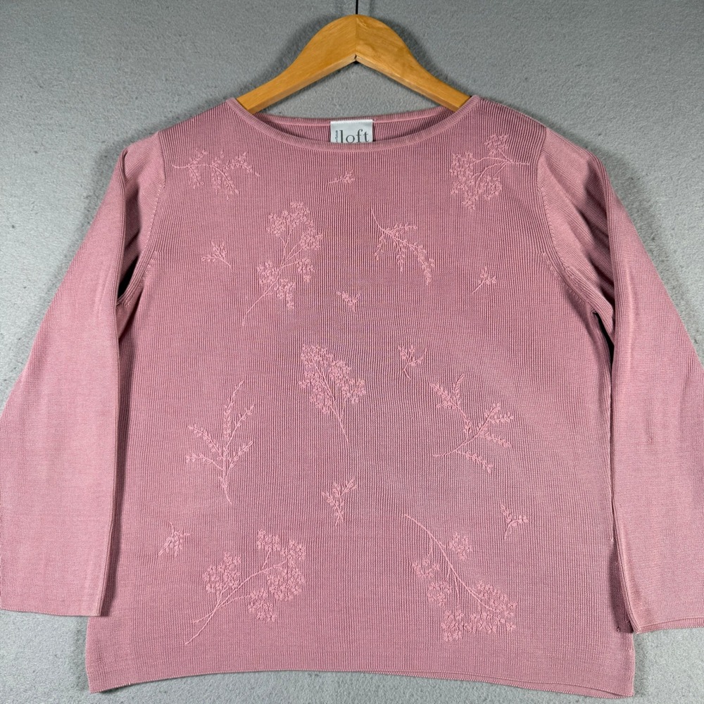 Ann Taylor Loft Pink 100% Silk‎ Ribbed Floral Embroidered Sweater M 27-15878